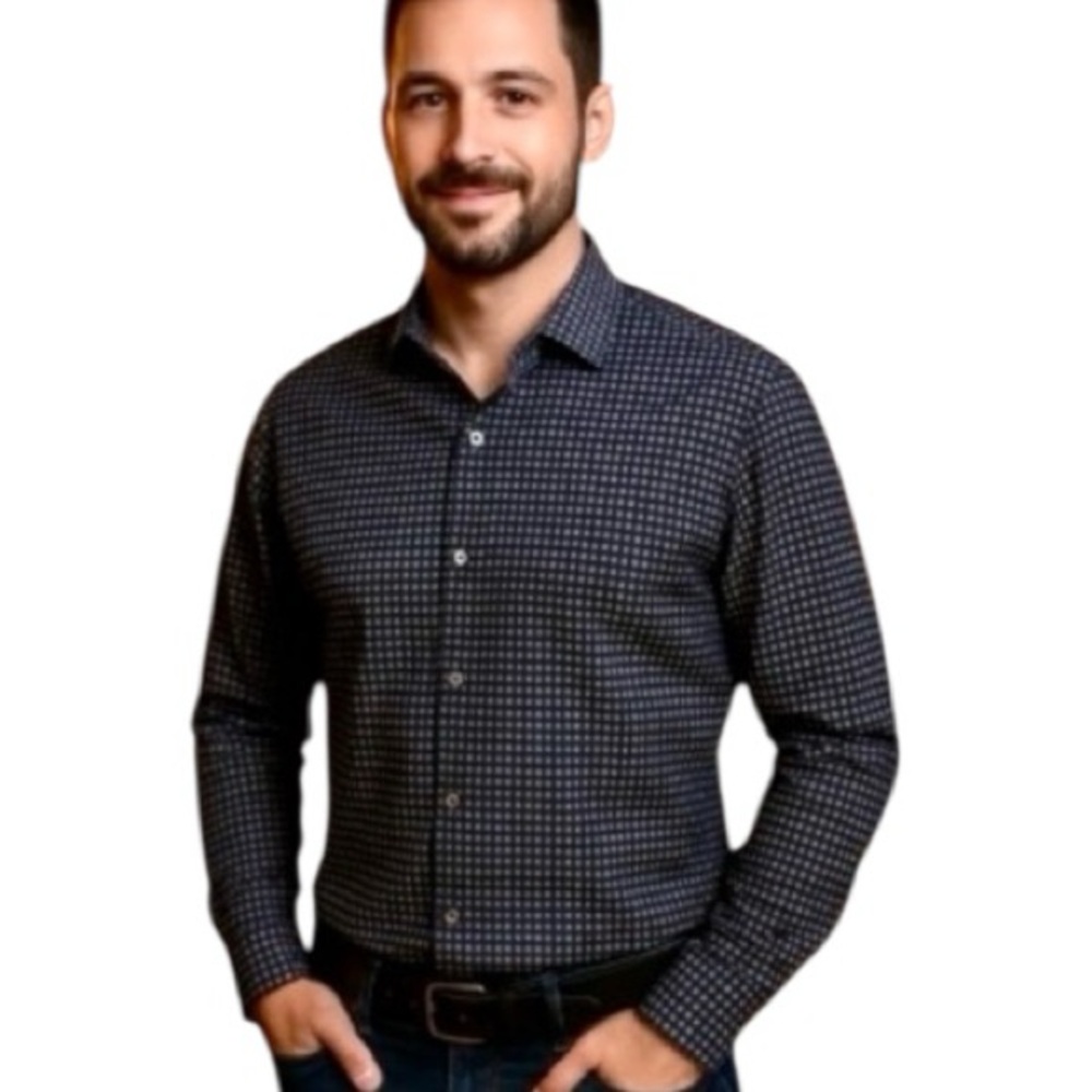Bugatchi Shaped Fit Geometric Button Down Shirt Navy Gray Modern Dress Shirt‎ L